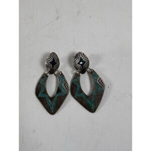 Southwest Turquoise Enamel Dangle Earrings Geometric Signed MF